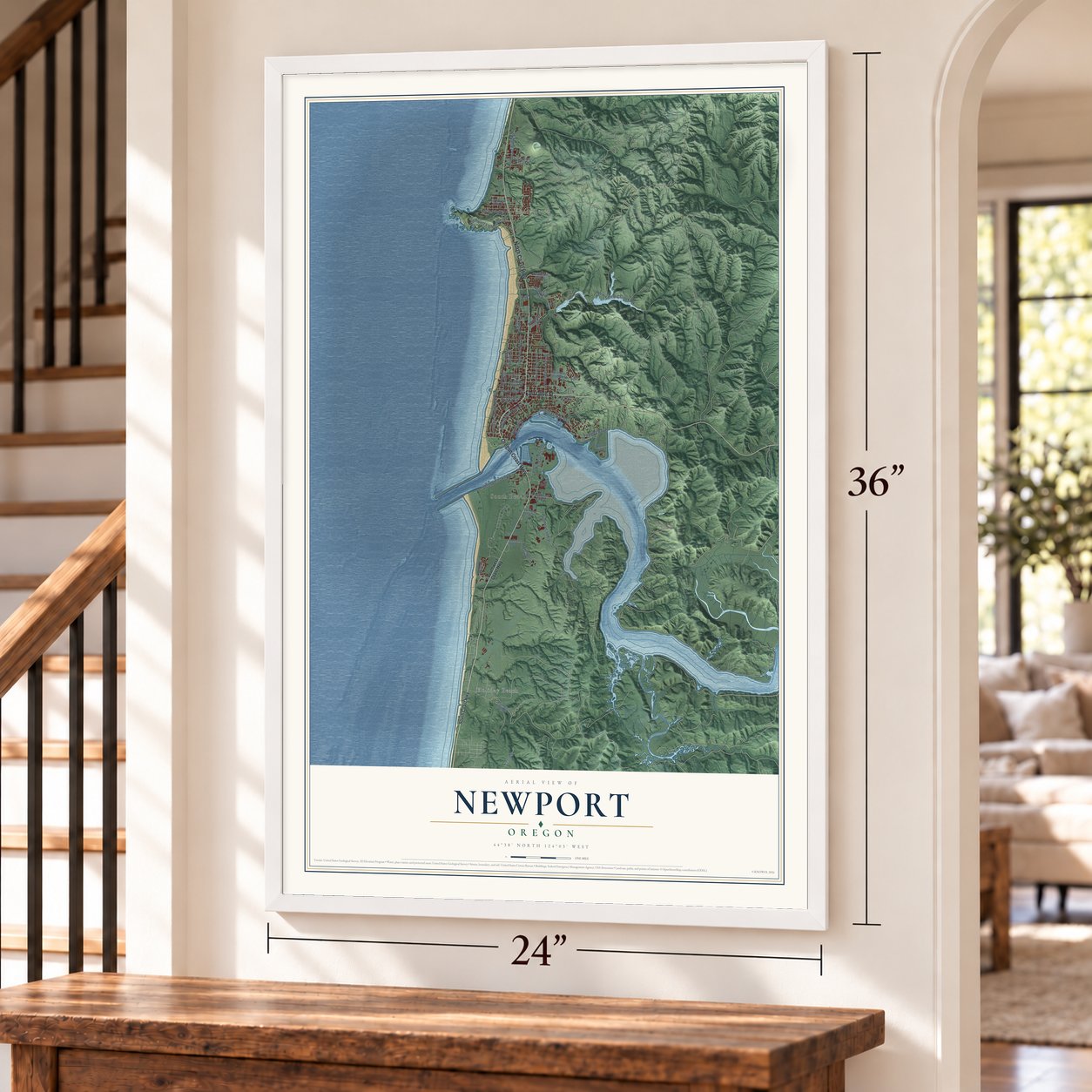 Newport, Oregon map, 24 x 36 inch print in a white frame by a staircase