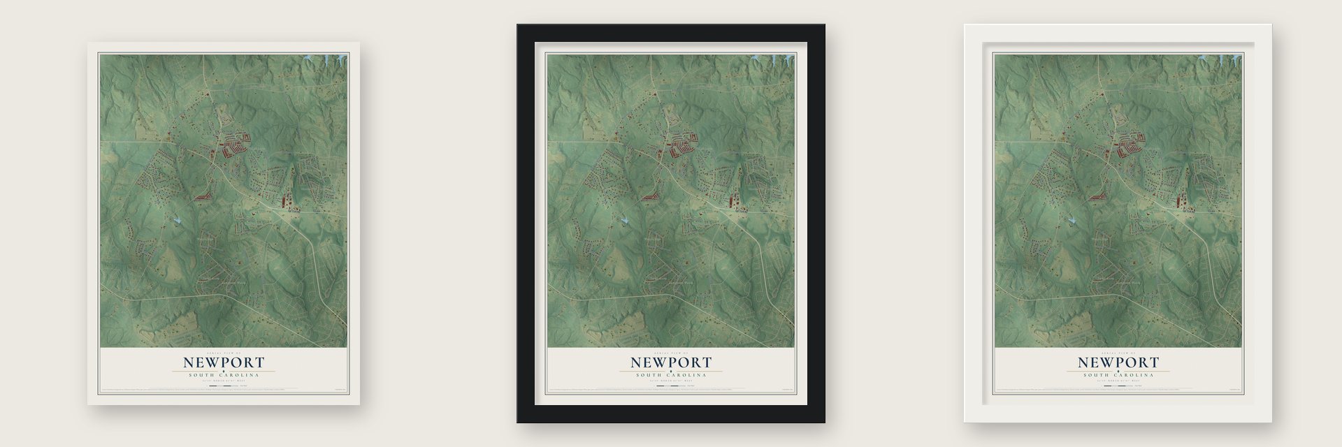 Newport, South Carolina map unframed, in a black wood frame and in a white wood frame