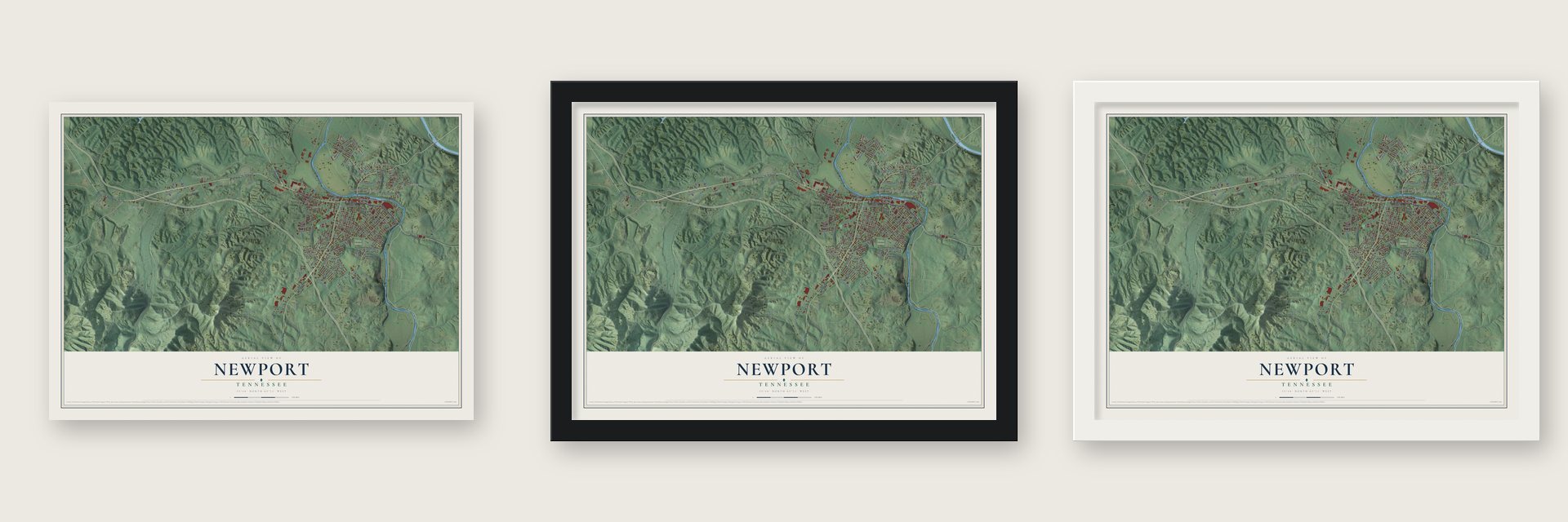 Newport, Tennessee map unframed, in a black wood frame and in a white wood frame