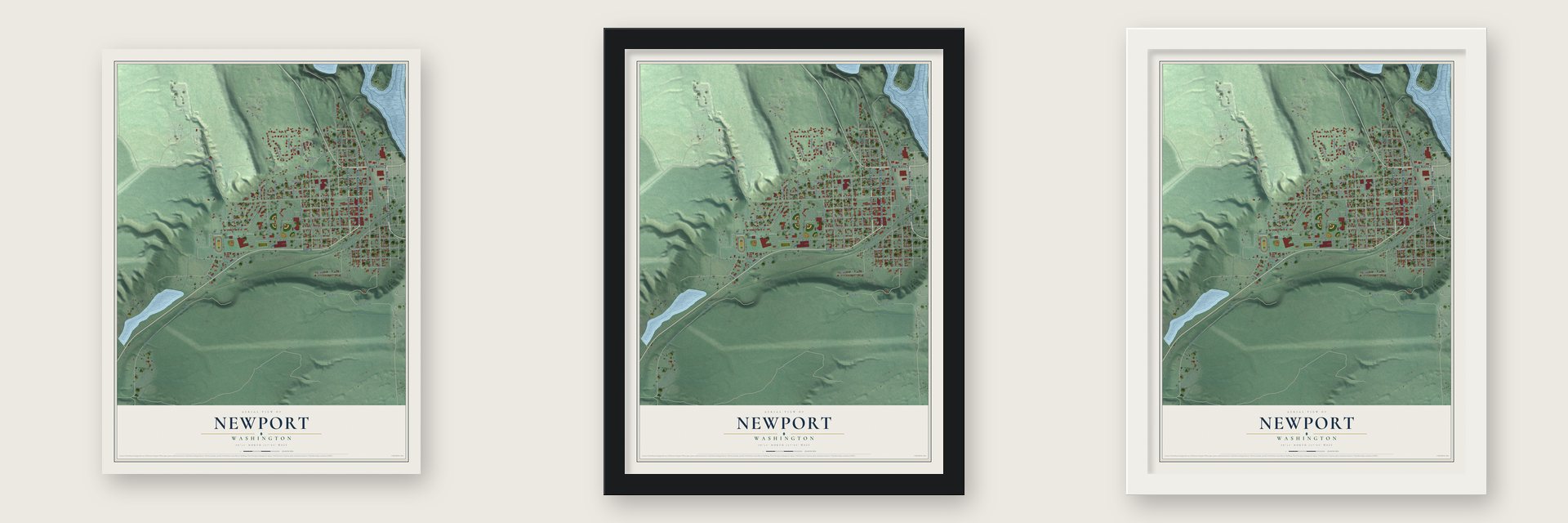 Newport, Washington map unframed, in a black wood frame and in a white wood frame