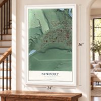 Newport, Washington map, 24 x 36 inch print in a white frame by a staircase