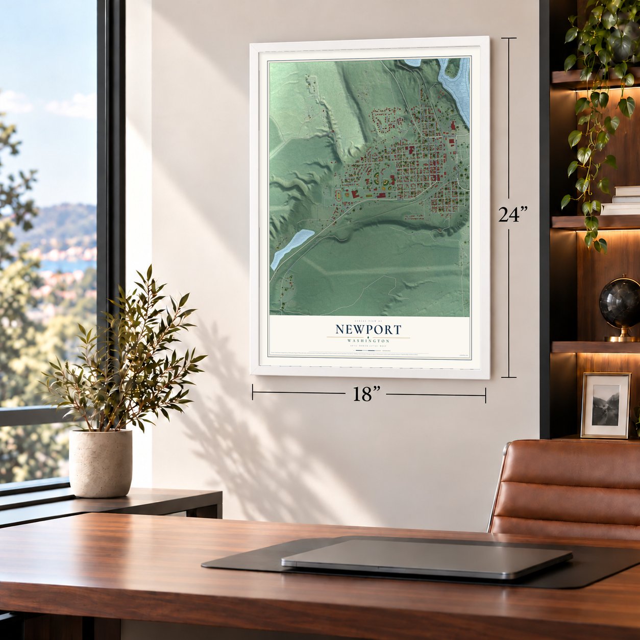 Newport, Washington map, 18 x 24 inch print in a white frame in a home office