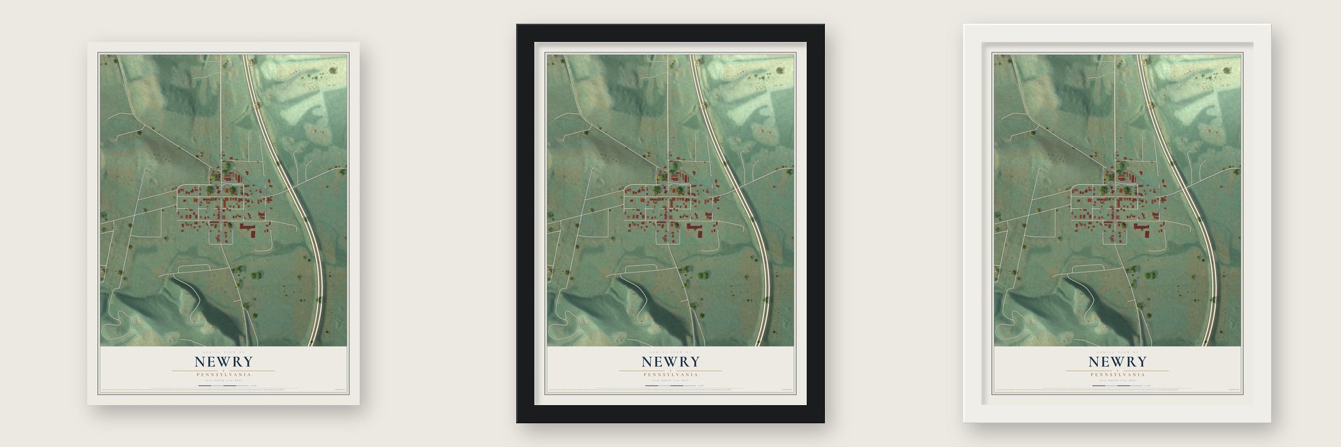 Newry, Pennsylvania map unframed, in a black wood frame and in a white wood frame