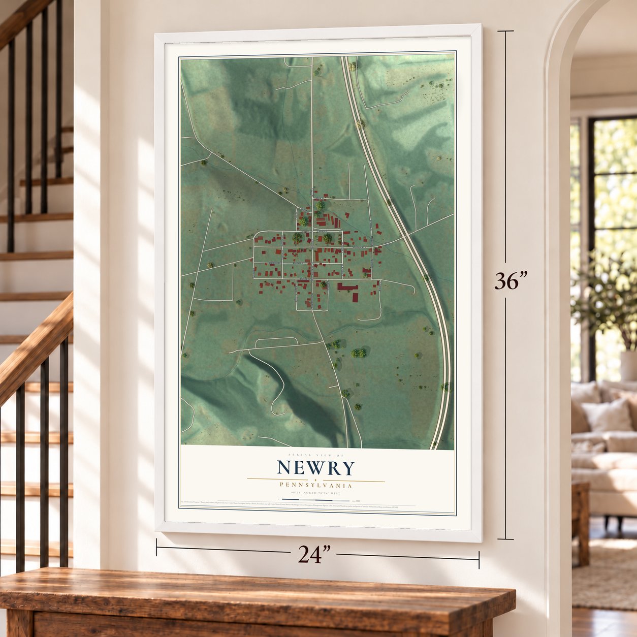 Newry, Pennsylvania map, 24 x 36 inch print in a white frame by a staircase