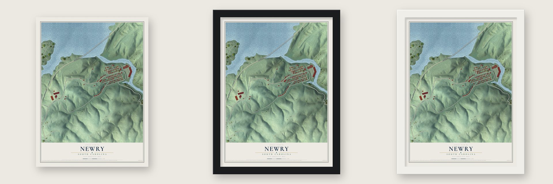 Newry, South Carolina map unframed, in a black wood frame and in a white wood frame