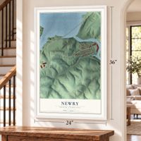 Newry, South Carolina map, 24 x 36 inch print in a white frame by a staircase