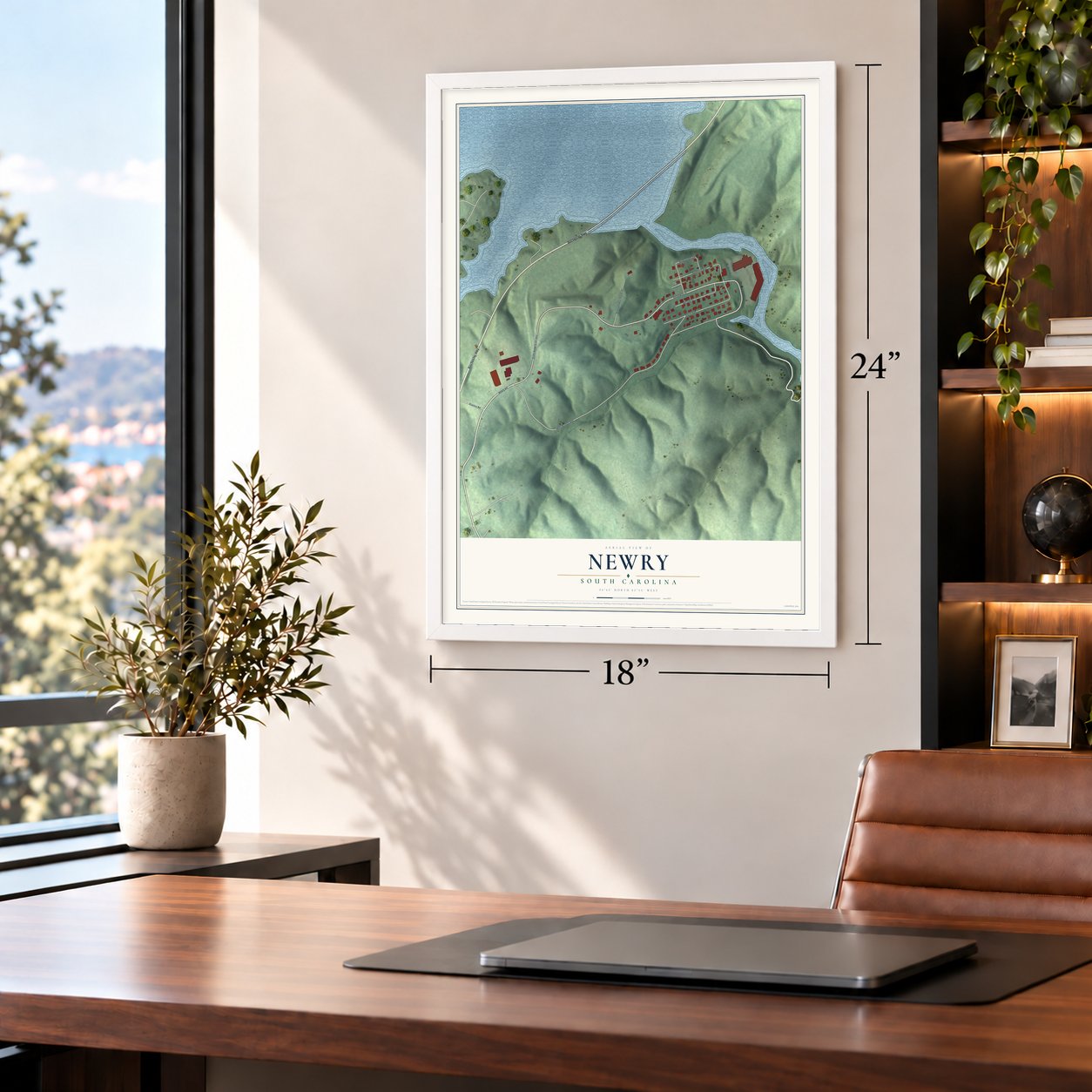 Newry, South Carolina map, 18 x 24 inch print in a white frame in a home office