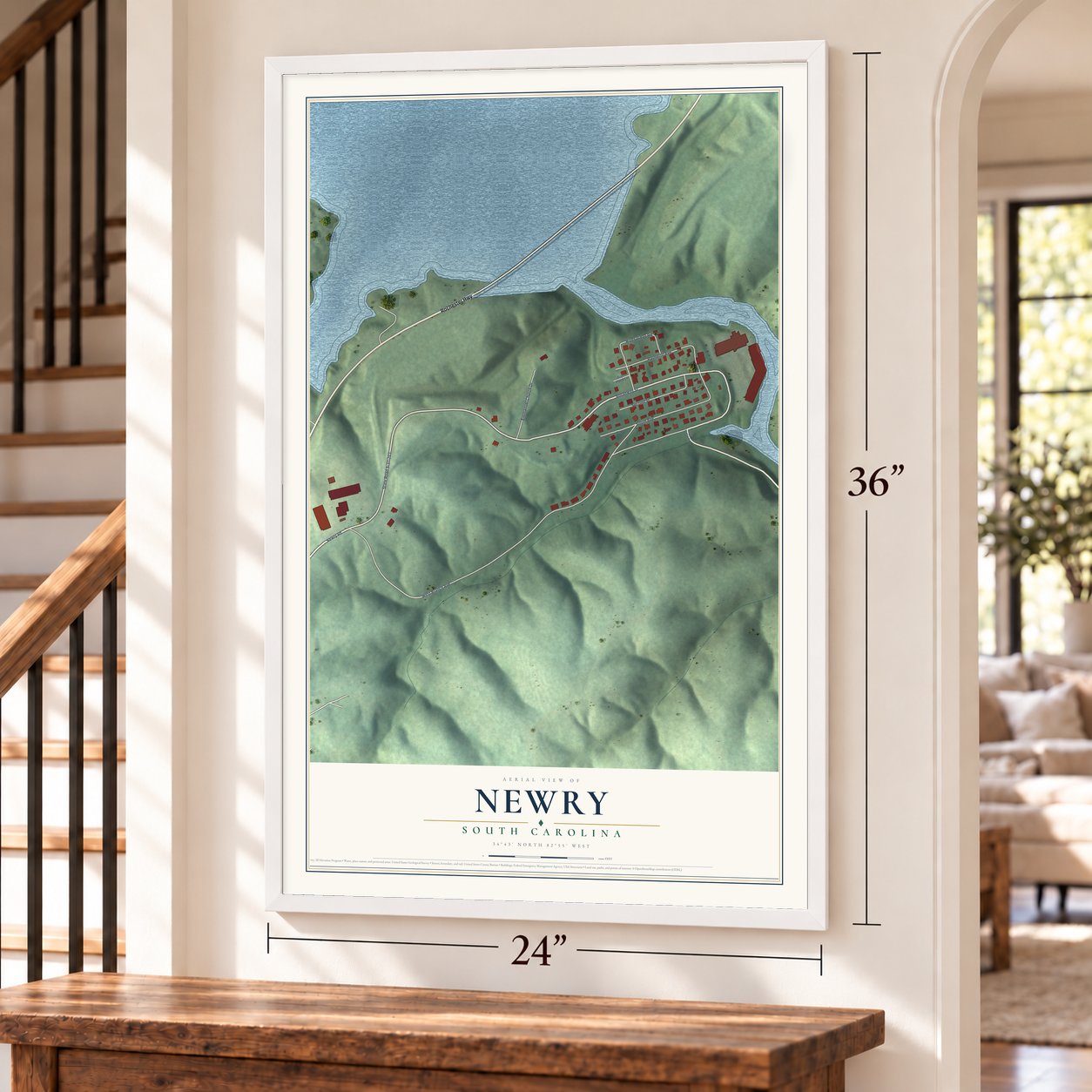 Newry, South Carolina map, 24 x 36 inch print in a white frame by a staircase