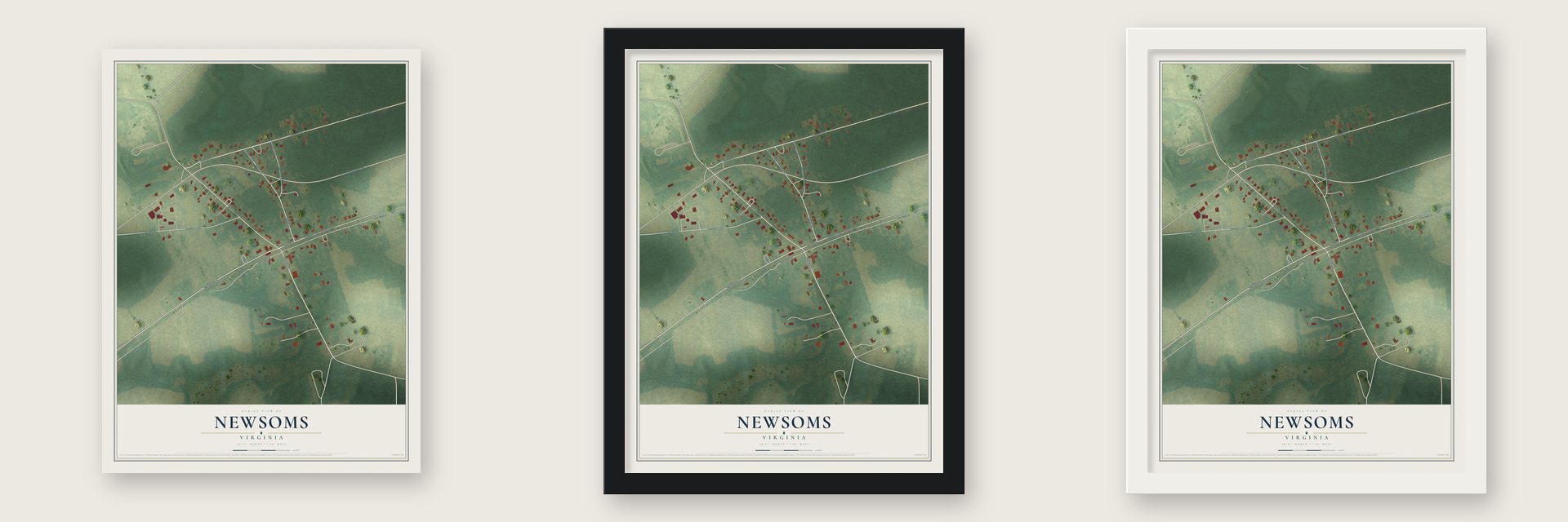 Newsoms, Virginia map unframed, in a black wood frame and in a white wood frame