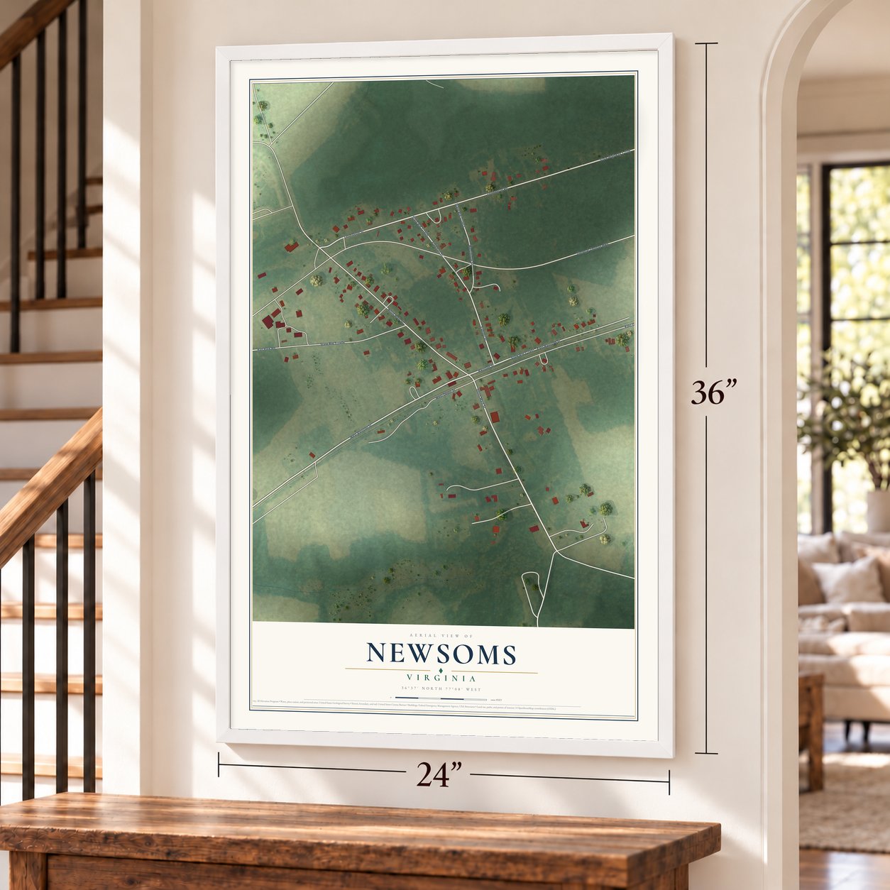 Newsoms, Virginia map, 24 x 36 inch print in a white frame by a staircase