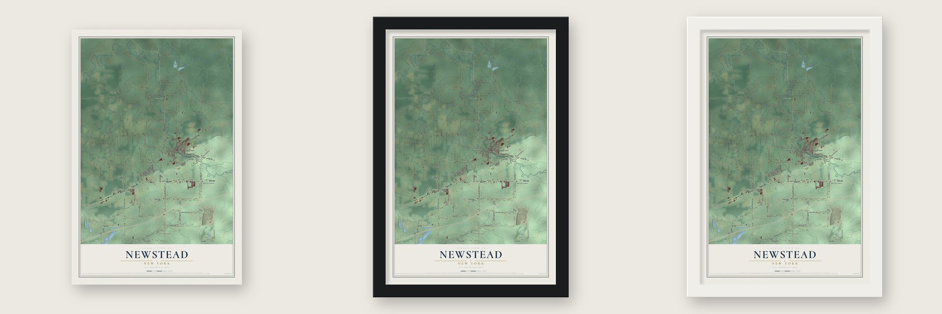 Newstead, New York map unframed, in a black wood frame and in a white wood frame