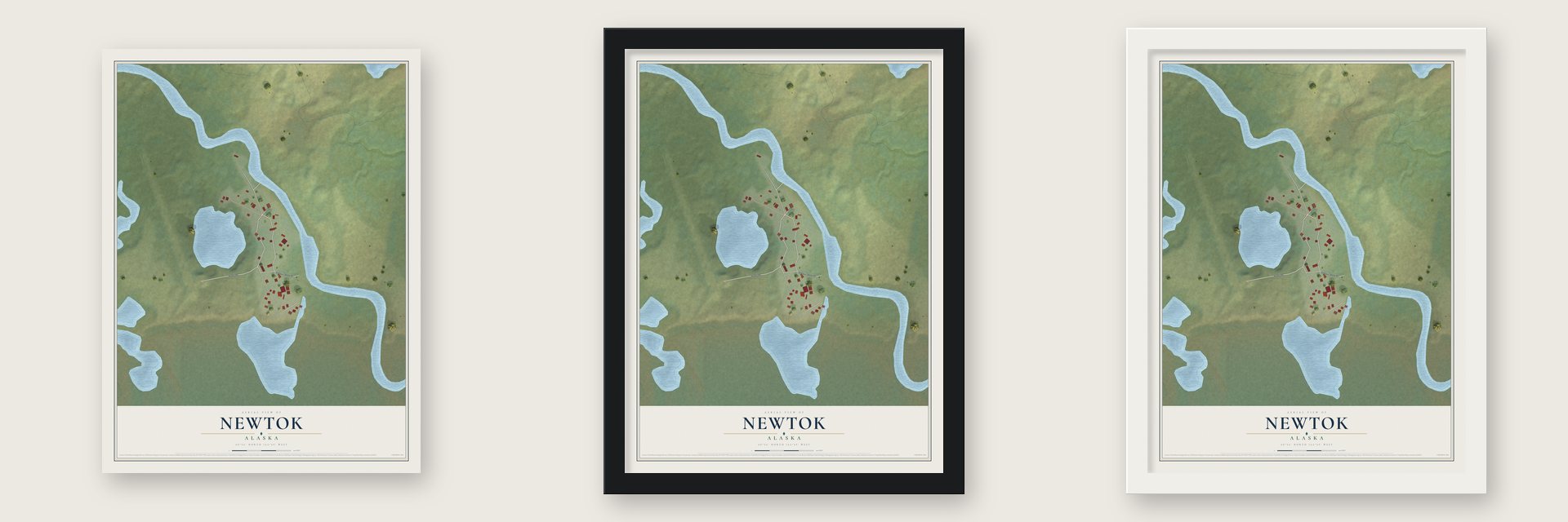 Newtok, Alaska map unframed, in a black wood frame and in a white wood frame
