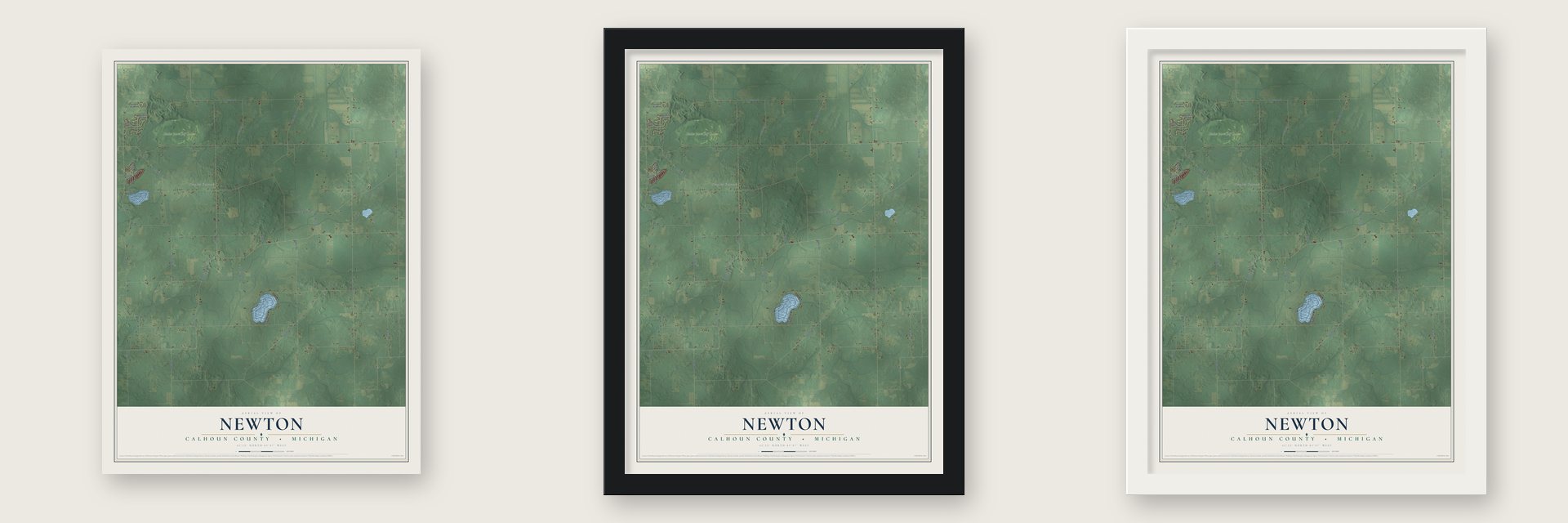 Newton, Calhoun County, Michigan map unframed, in a black wood frame and in a white wood frame