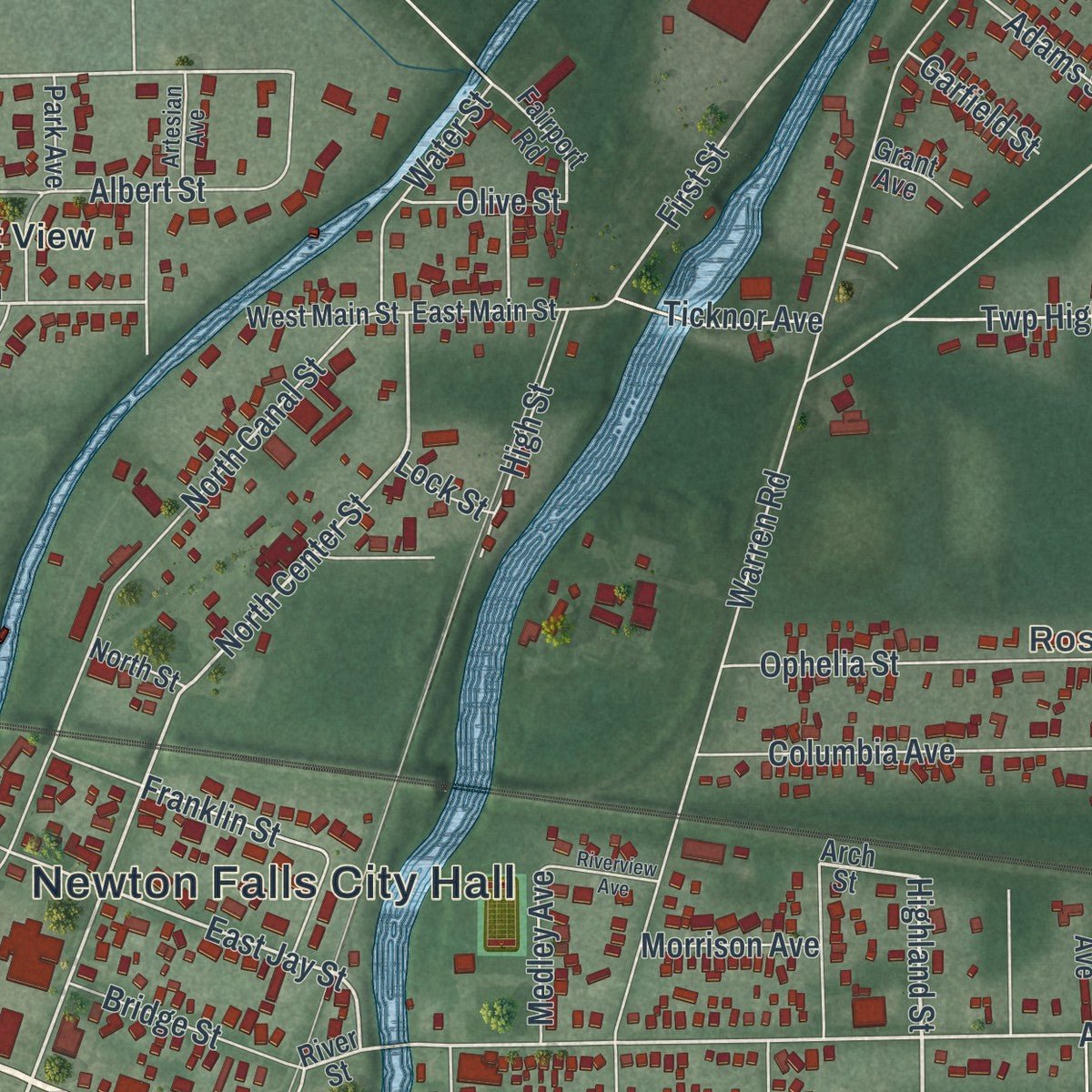 Second close-up of the map of Newton Falls, Ohio print showing more streets and buildings