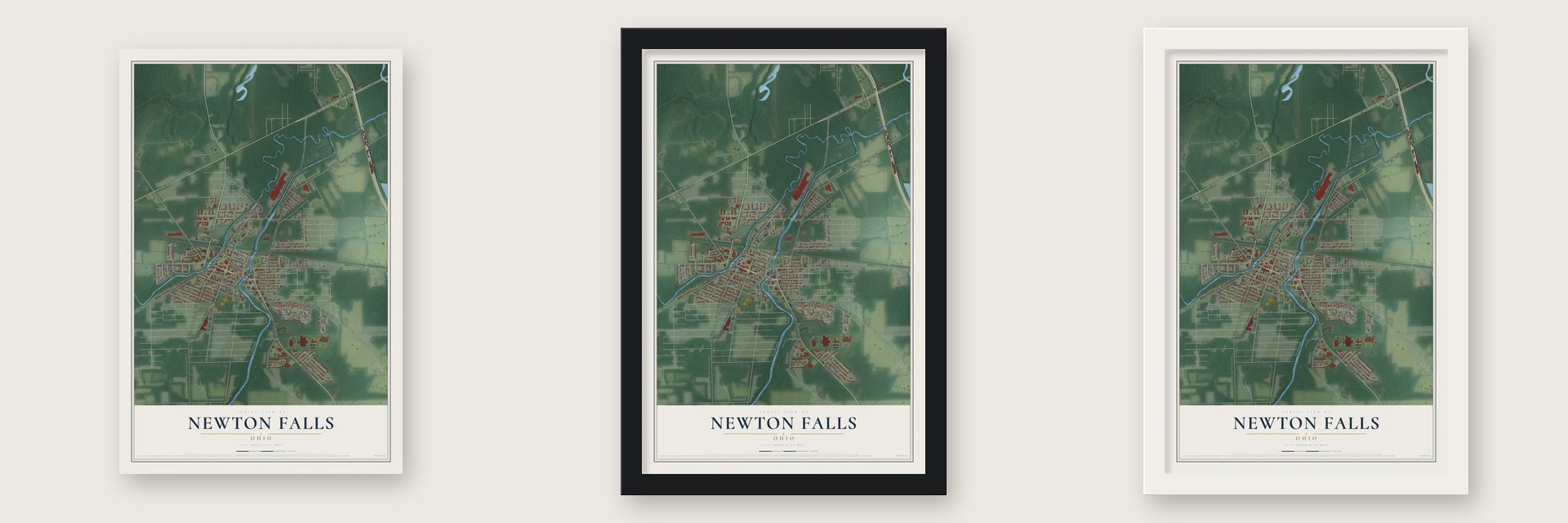 Newton Falls, Ohio map unframed, in a black wood frame and in a white wood frame