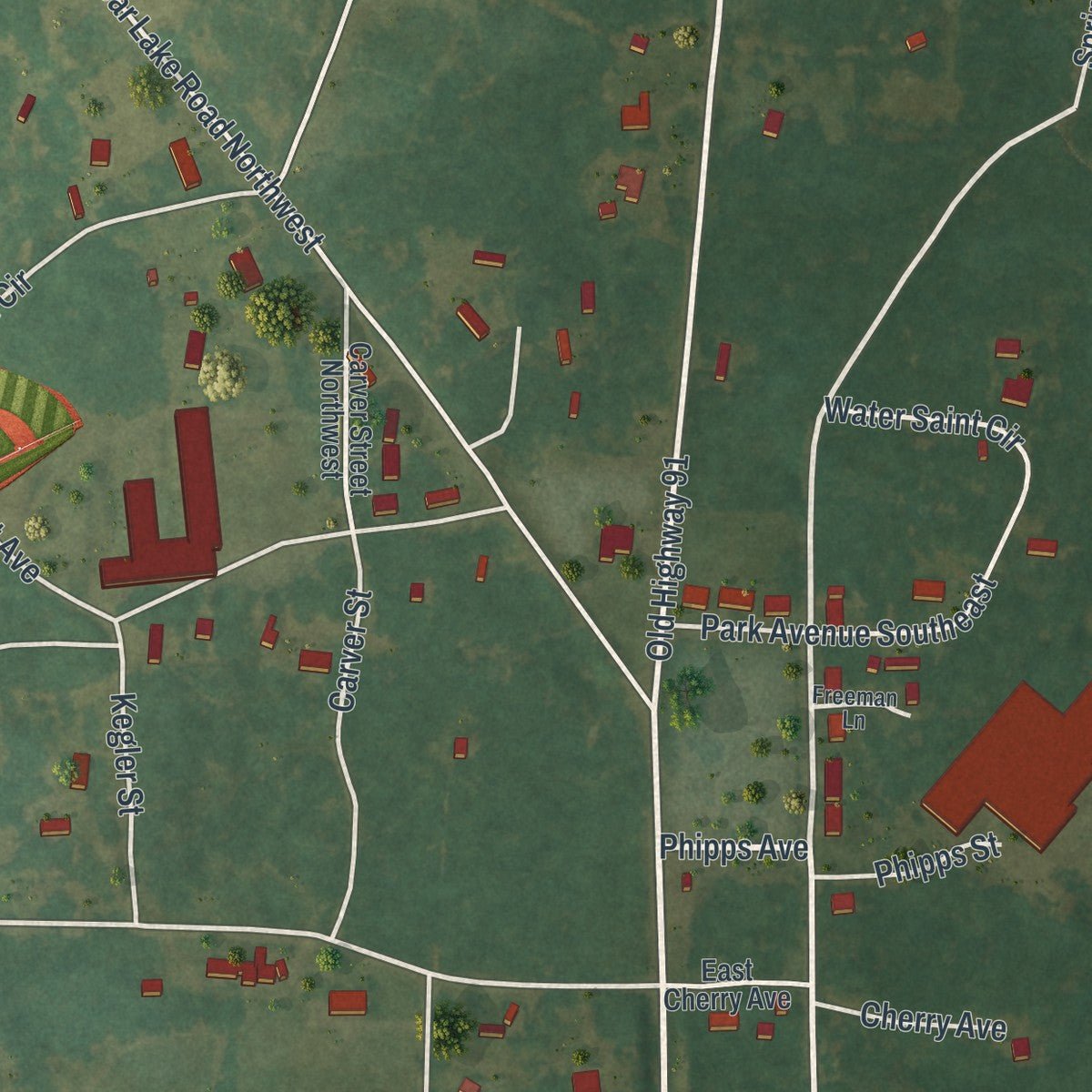 Second close-up of the map of Newton, Georgia print showing more streets and buildings
