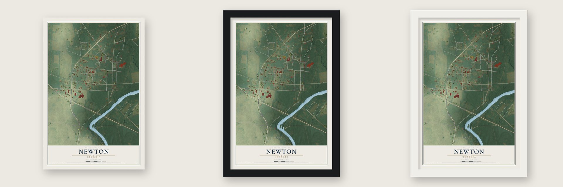 Newton, Georgia map unframed, in a black wood frame and in a white wood frame