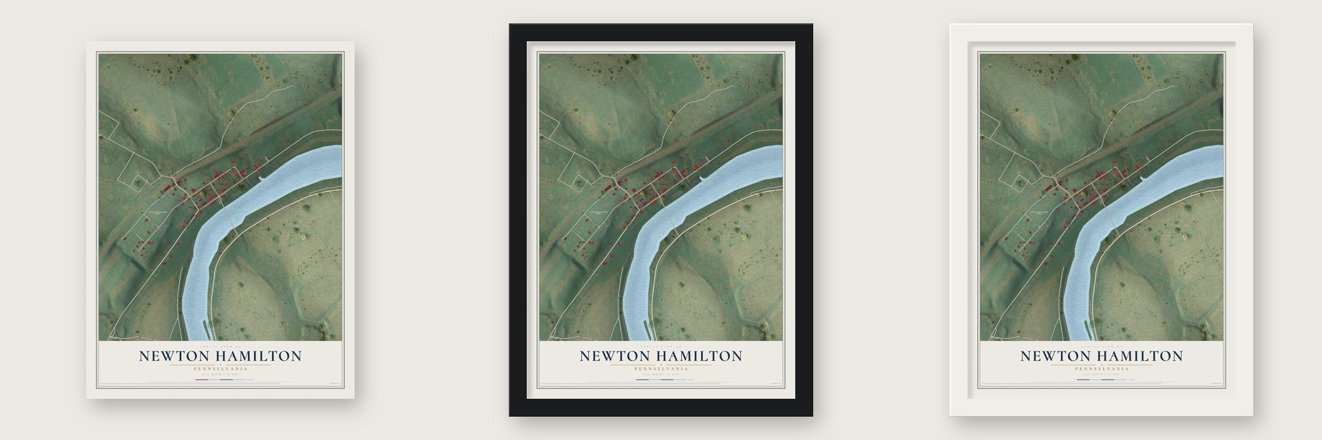 Newton Hamilton, Pennsylvania map unframed, in a black wood frame and in a white wood frame