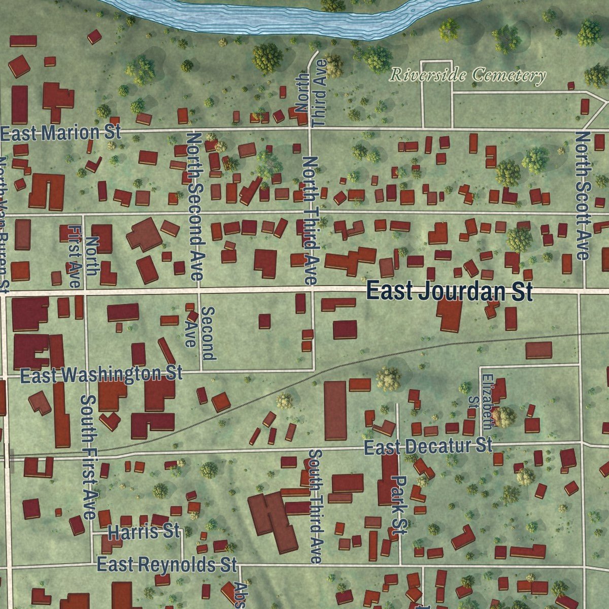 Second close-up of the map of Newton, Illinois print showing more streets and buildings