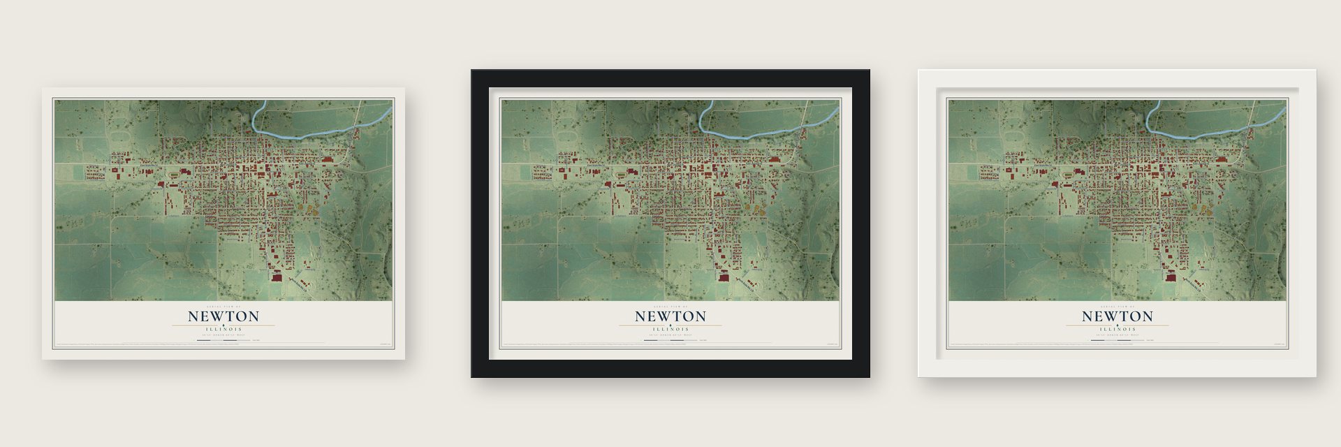 Newton, Illinois map unframed, in a black wood frame and in a white wood frame