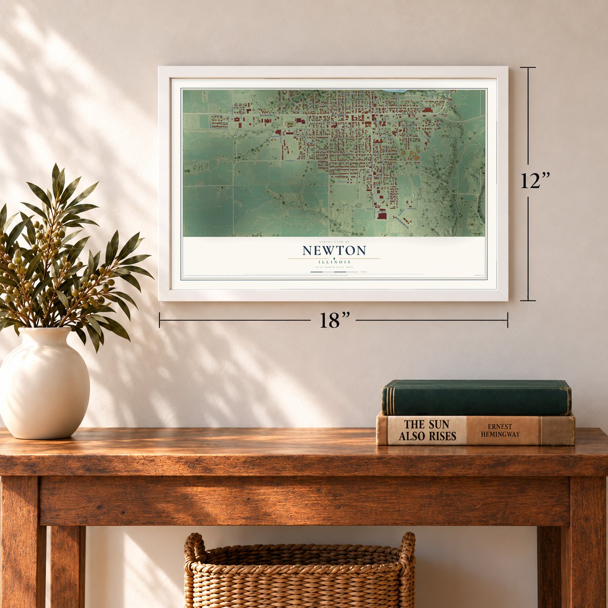 Newton, Illinois map, 12 x 18 inch print in a white frame in an entryway