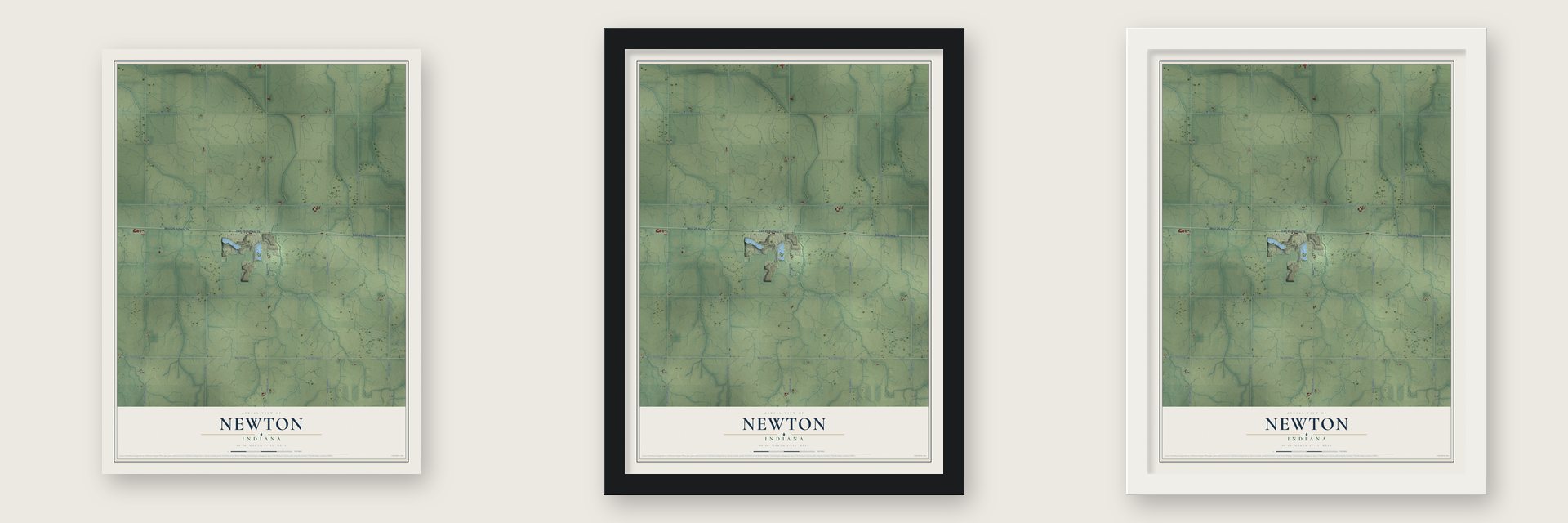 Newton, Indiana map unframed, in a black wood frame and in a white wood frame