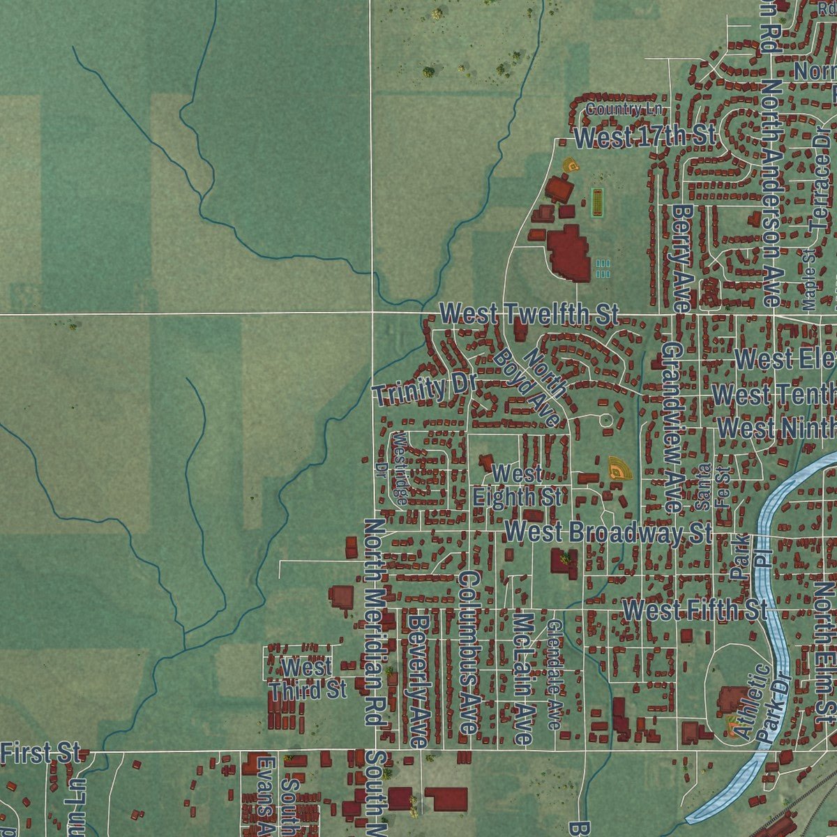 Second close-up of the map of Newton, Kansas print showing more streets and buildings
