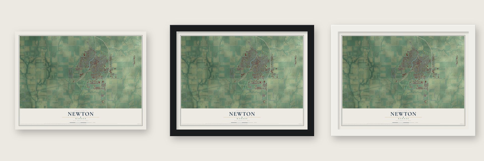 Newton, Kansas map unframed, in a black wood frame and in a white wood frame