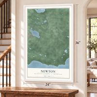 Newton, Mackinac County, Michigan map, 24 x 36 inch print in a white frame by a staircase