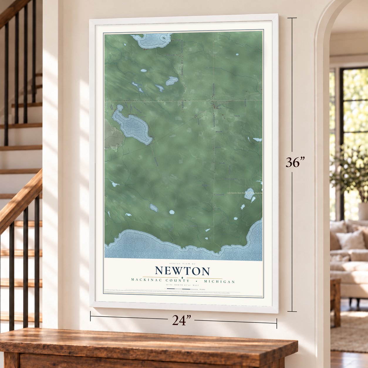 Newton, Mackinac County, Michigan map, 24 x 36 inch print in a white frame by a staircase