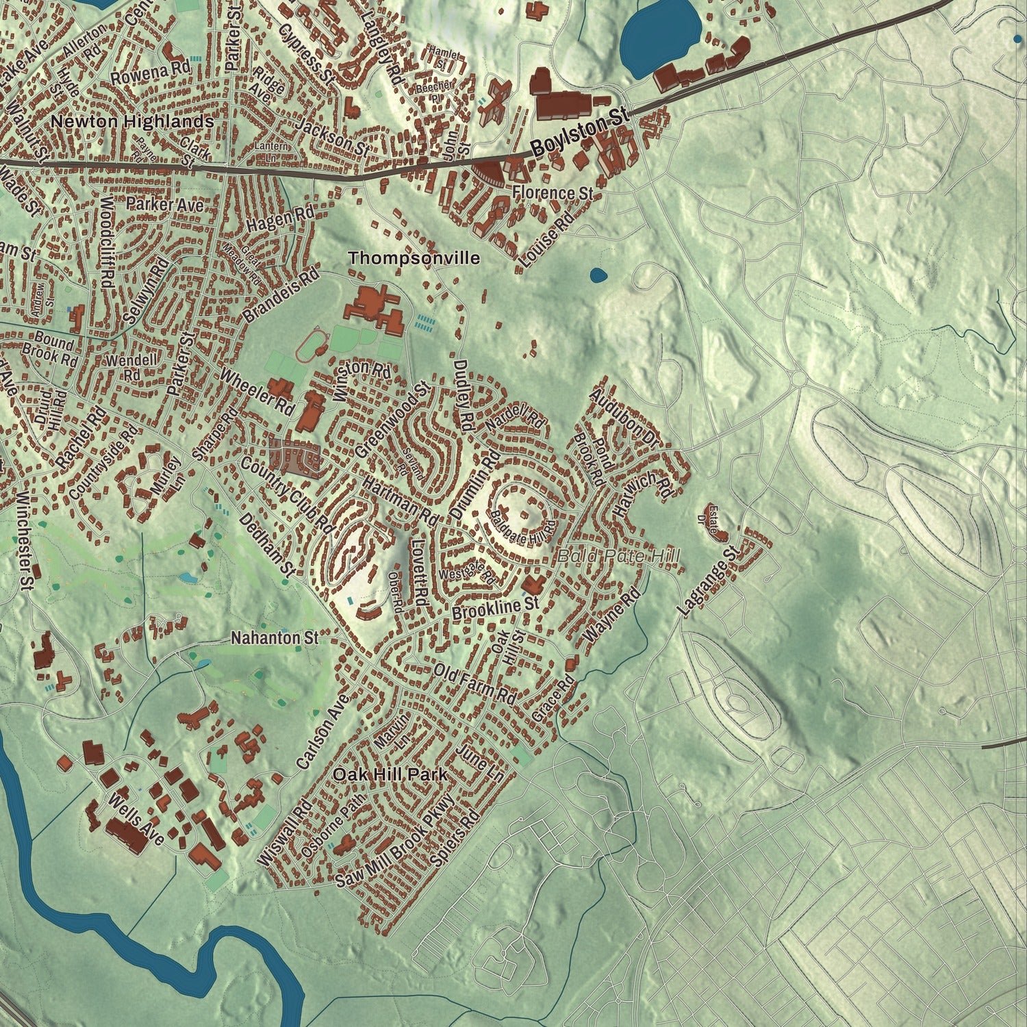 Close-up of the map of Newton, Massachusetts print showing terrain and local geography