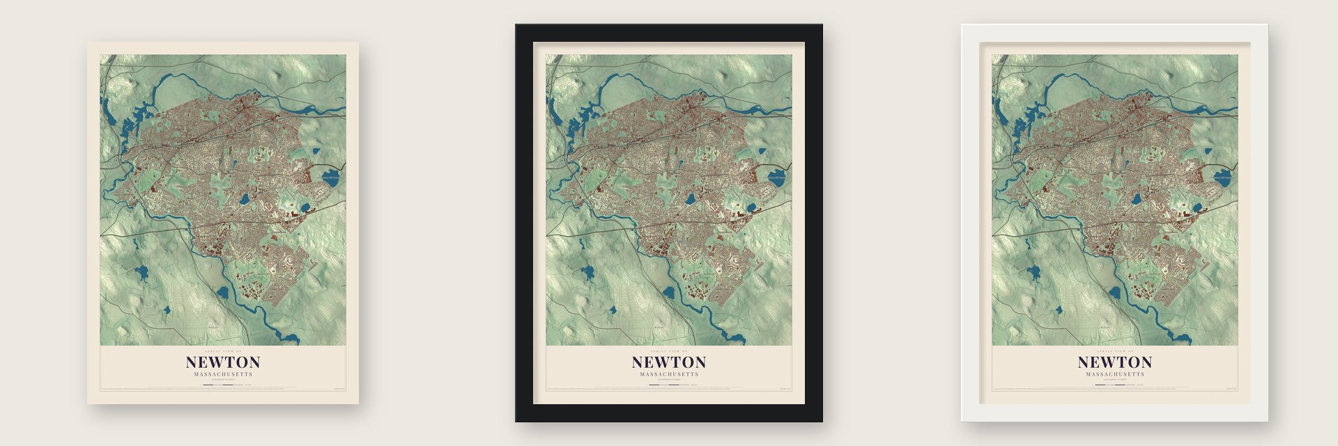 Newton, Massachusetts map unframed, in a black wood frame and in a white wood frame