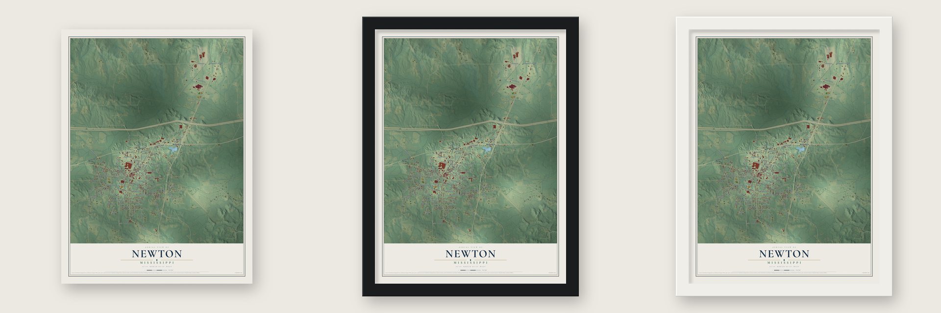 Newton, Mississippi map unframed, in a black wood frame and in a white wood frame