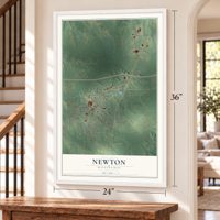 Newton, Mississippi map, 24 x 36 inch print in a white frame by a staircase