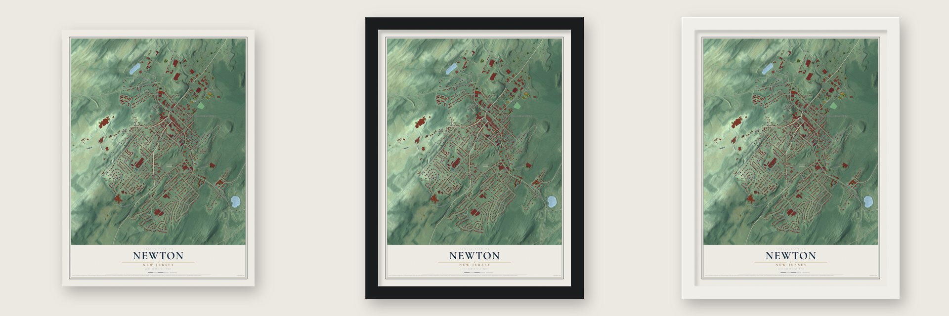 Newton, New Jersey map unframed, in a black wood frame and in a white wood frame