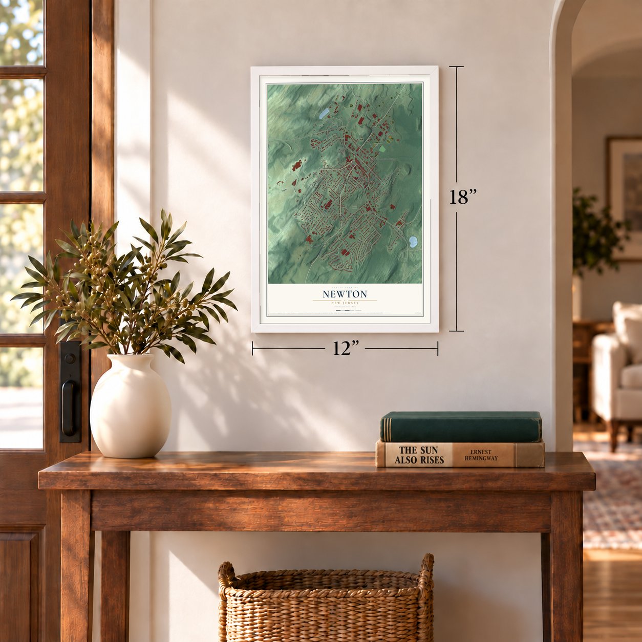 Newton, New Jersey map, 12 x 18 inch print in a white frame in an entryway