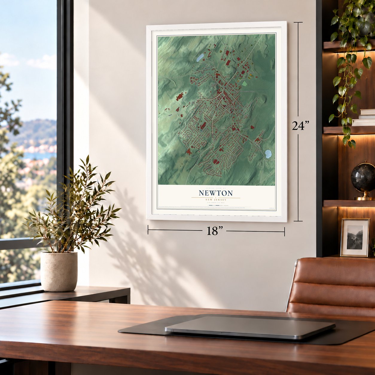 Newton, New Jersey map, 18 x 24 inch print in a white frame in a home office