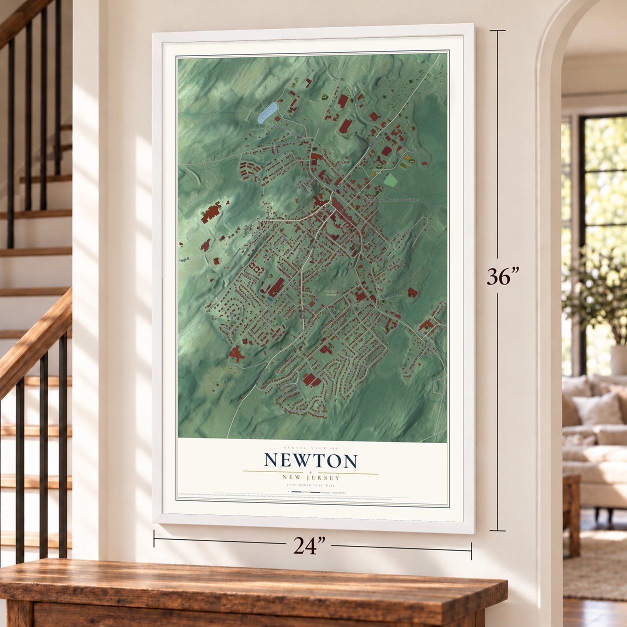 Newton, New Jersey map, 24 x 36 inch print in a white frame by a staircase
