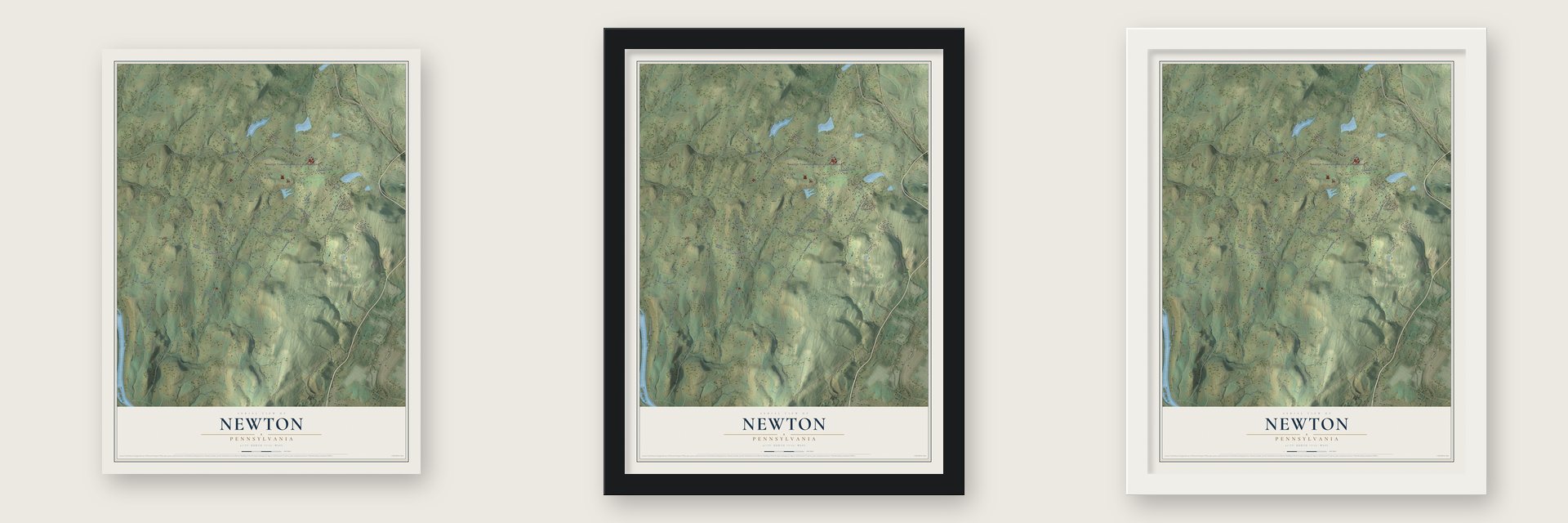 Newton, Pennsylvania map unframed, in a black wood frame and in a white wood frame