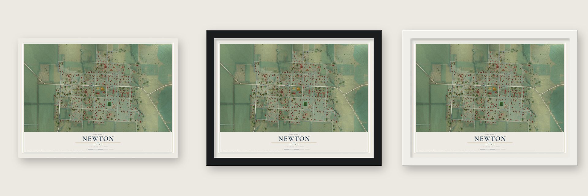 Newton, Utah map unframed, in a black wood frame and in a white wood frame