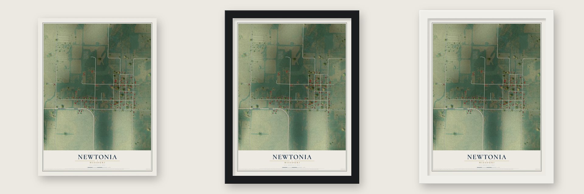 Newtonia, Missouri map unframed, in a black wood frame and in a white wood frame