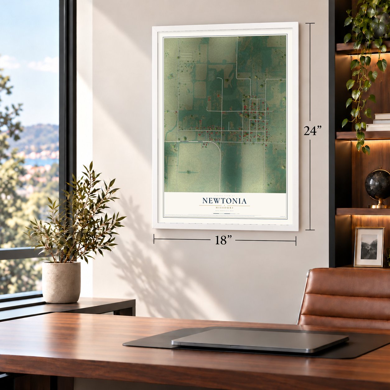 Newtonia, Missouri map, 18 x 24 inch print in a white frame in a home office