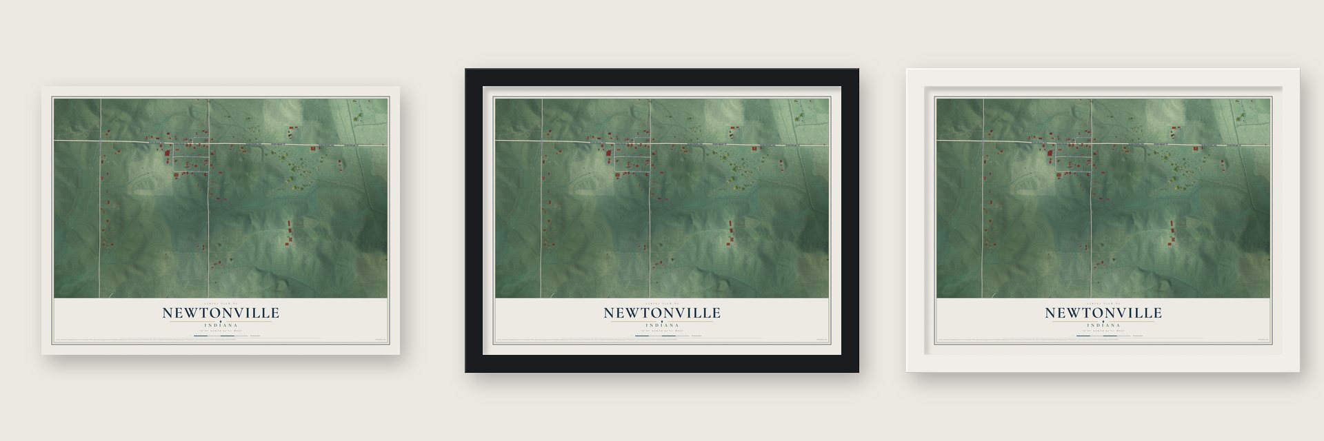 Newtonville, Indiana map unframed, in a black wood frame and in a white wood frame