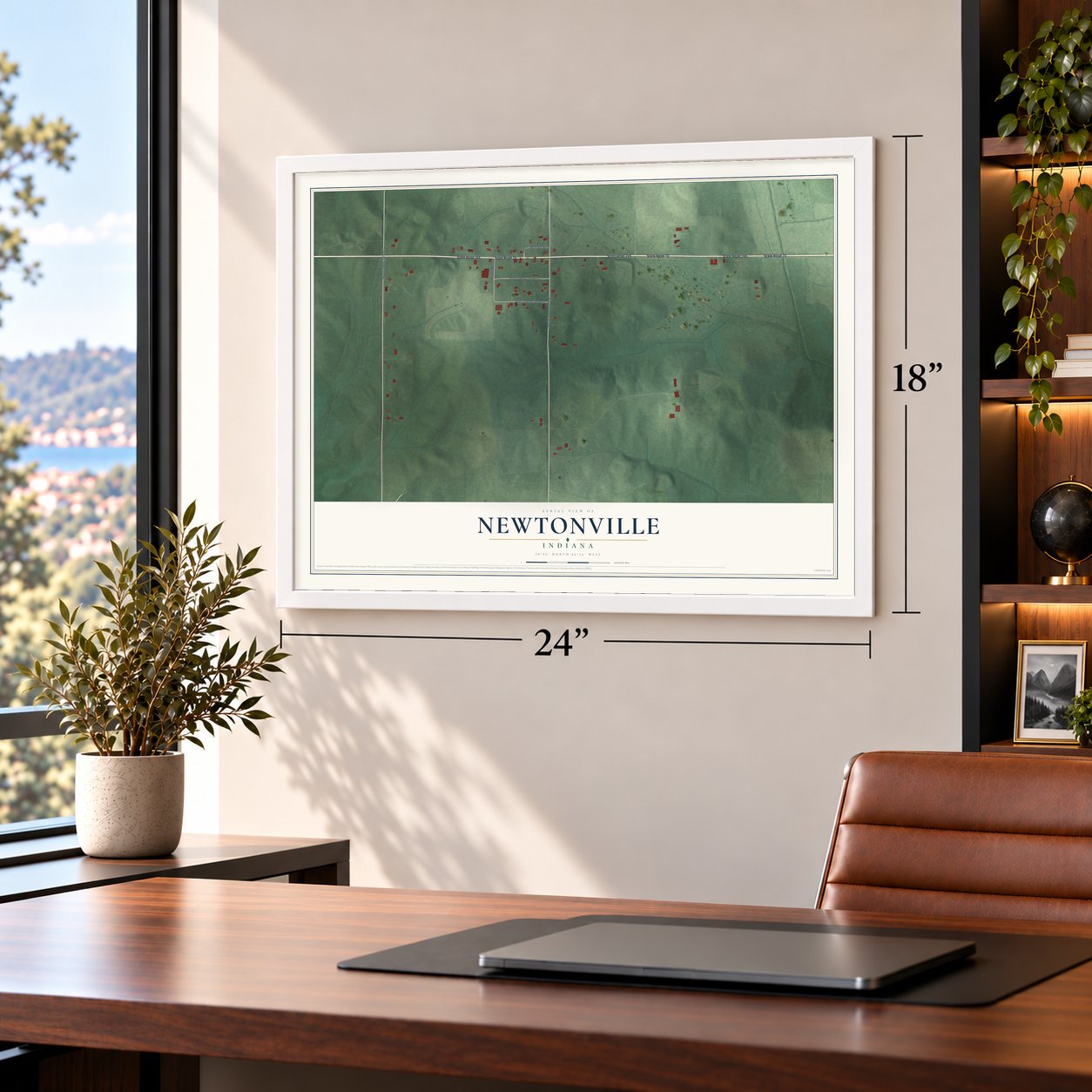 Newtonville, Indiana map, 18 x 24 inch print in a white frame in a home office