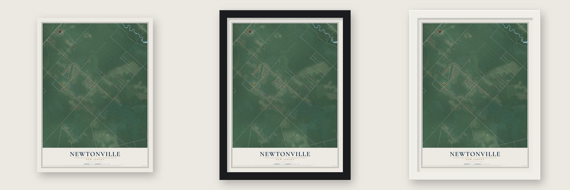 Newtonville, New Jersey map unframed, in a black wood frame and in a white wood frame