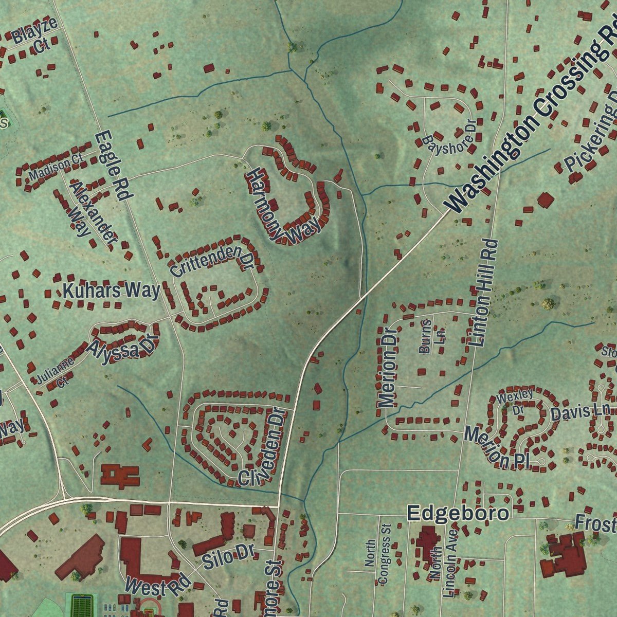 Second close-up of the map of Newtown, Bucks County, Pennsylvania print showing more streets and buildings