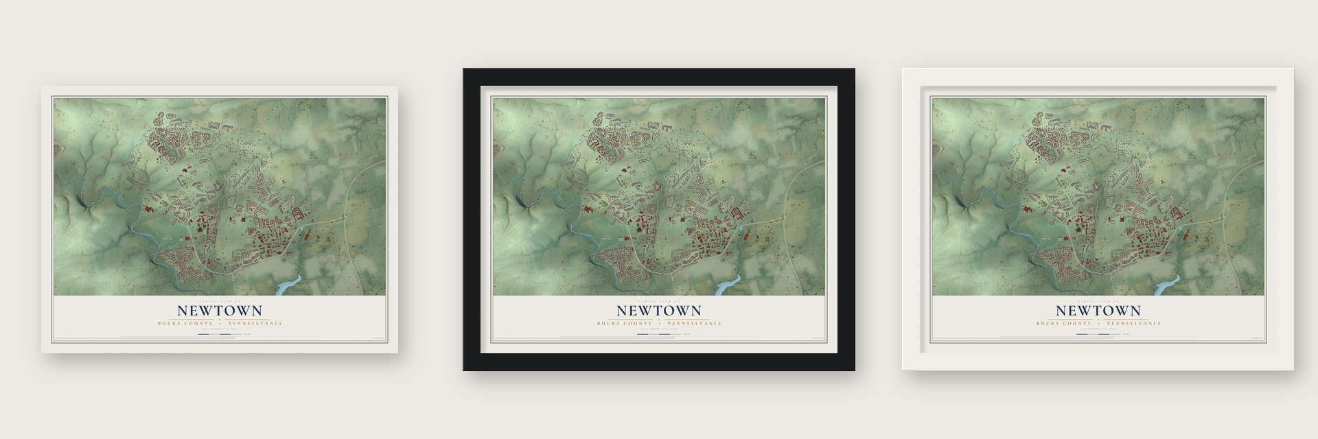 Newtown, Bucks County, Pennsylvania map unframed, in a black wood frame and in a white wood frame
