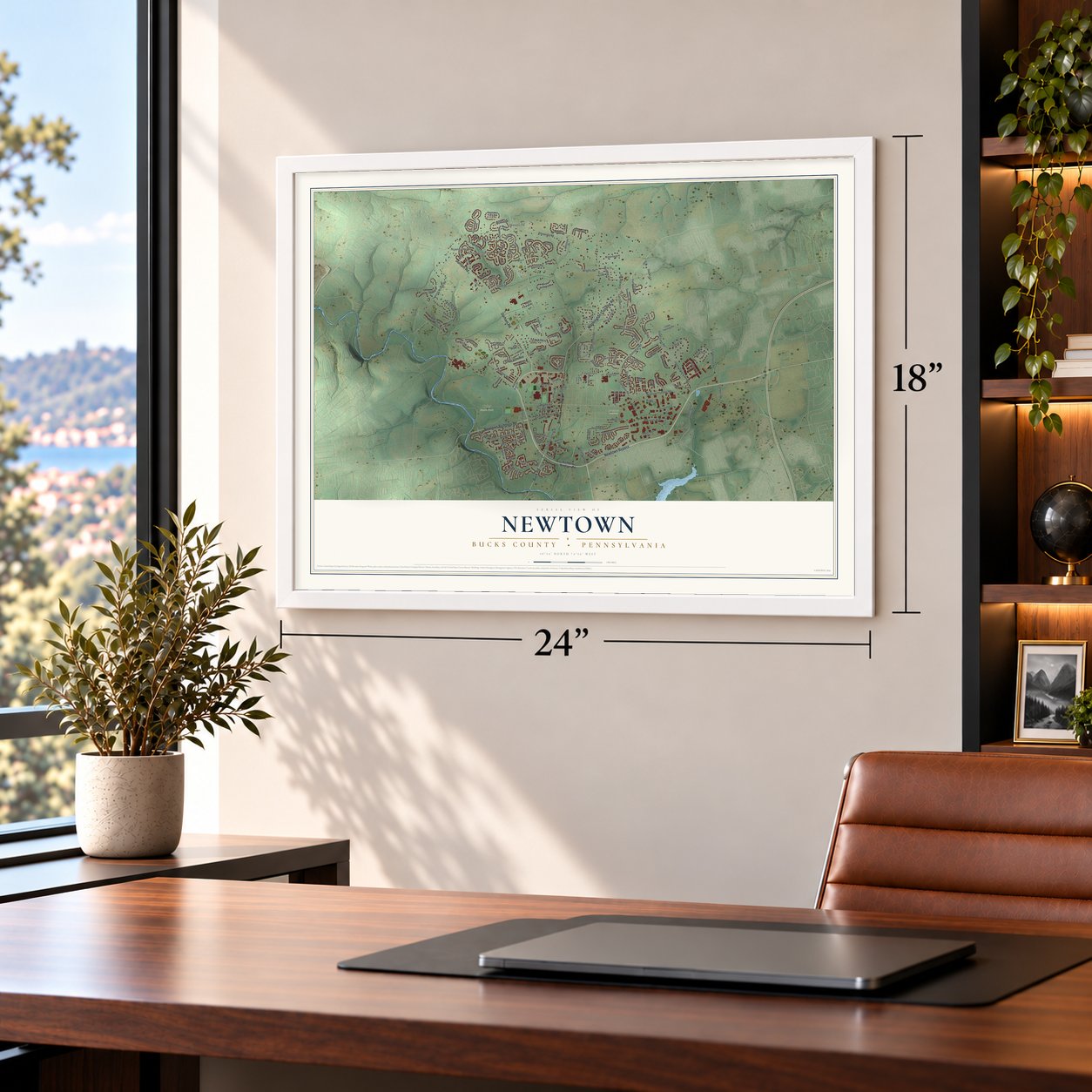 Newtown, Bucks County, Pennsylvania map, 18 x 24 inch print in a white frame in a home office