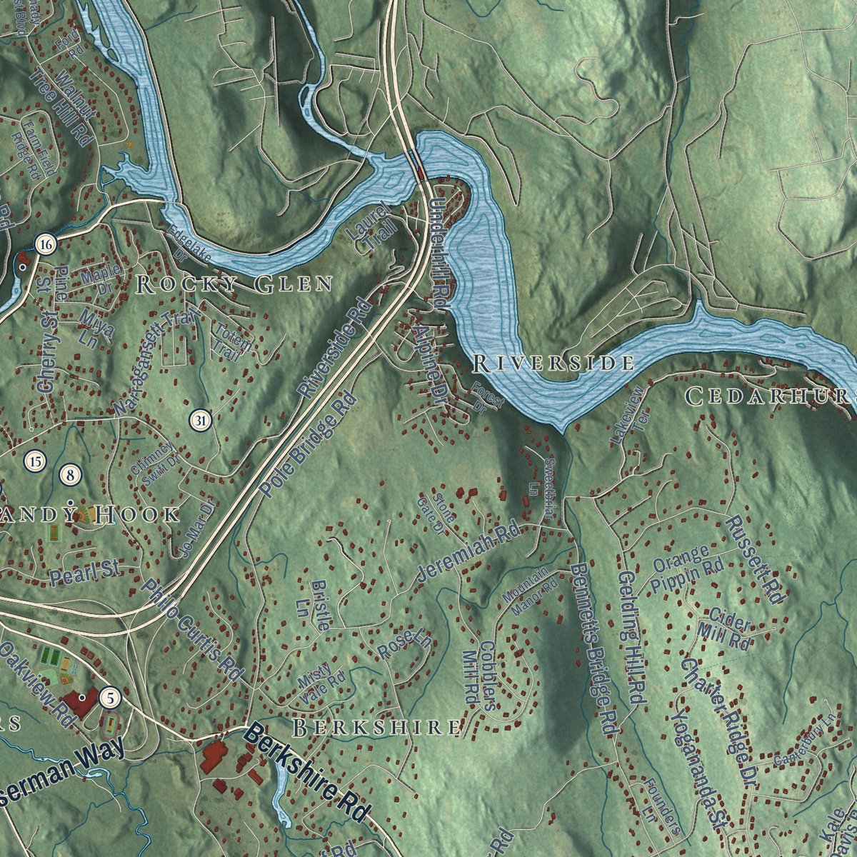 Second close-up of the map of Newtown, Connecticut print showing more streets and buildings