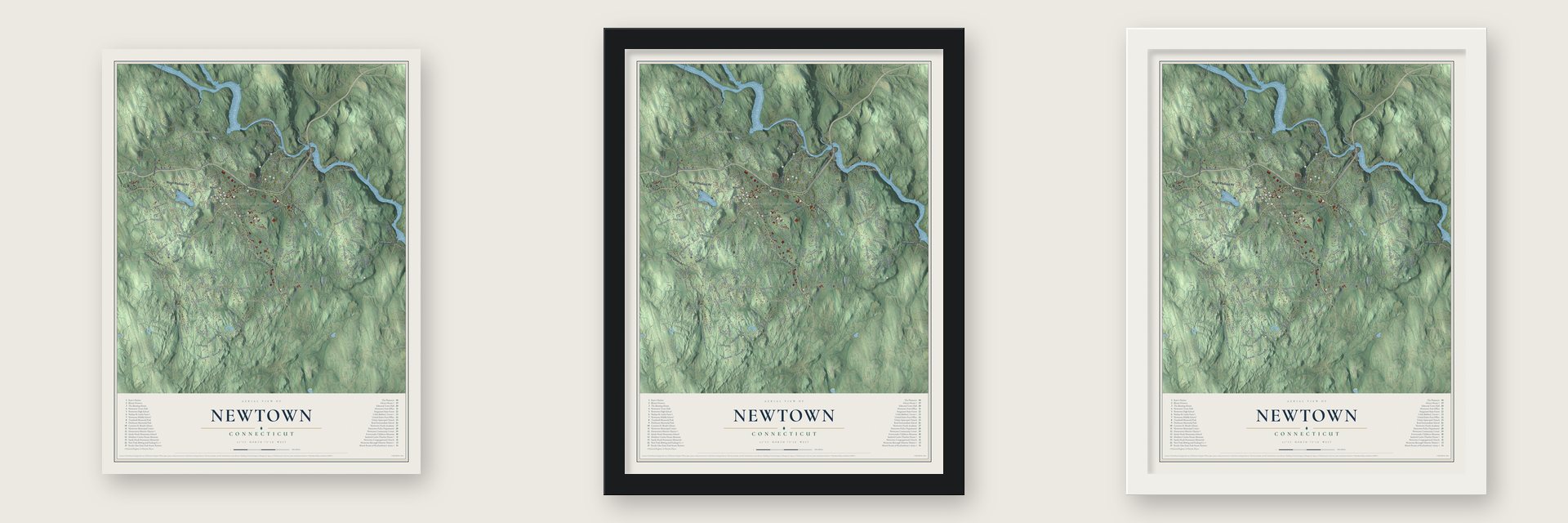 Newtown, Connecticut map unframed, in a black wood frame and in a white wood frame